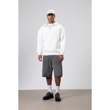 Vamos Basic Fermuarlı Dik Yaka Sweatshirt Ekru