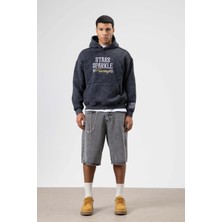 Vamos Oversize Nakış BaskılıKapüşonlu Sweatshirt Siyah