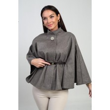 By Saygı Kadın Tek Düğmeli Beli Kemerli Kaşe Panço