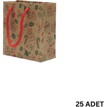 Roco Paper Co. Yılbaşı Tasarımlı Kraft Karton Çanta SETI-25LI, Kırmızı Ipli Parti, Noel, Hediye Çantası, 11X11 cm