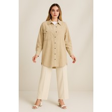 PUREVA 2186 Içi Sıfır Yaka Sıfır Kol Gömleğin Önü Düğmeli Önden Cepli Cep Kısmı Boncuk Işlemeli Spor Keten Tunik #09-25#