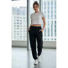 Yaase 2170 Kadın 2 Iplik Penye Eşofman Altı Siyah Düz Renk, Beli Lastikli, Paça Lastikli ,cepli)