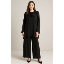 Çınar Özkan 5078 Yakası Kol Ucu Taşlı Altı Asimetrik Kesim Önden Detaylı Şifon Şık Ikili Takım #10-25#