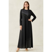 İdoll Giyim 1065 Göğüs Kısmı Payetli Etek Ucu Deri Görünümlü Elbise #10-25#