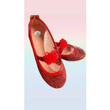 3b Kids Kırmızı Kız Çocuk Babet Doğum Günü Ayakkabı Simli Taşlı Cam Kırığı Tokalı Düz Taban