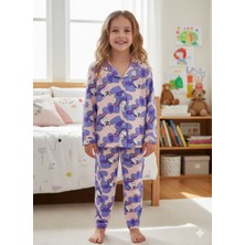 Enie Kız Çocuk %100 Pamuk Unicorn Desenli Düğmeli Uyku Gözlüklü Pijama Takımı