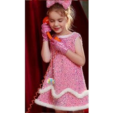 3b Kids Payetli  Pembe Kostüm  Pembe Elbise Doğum Günü Elbise Yılbaşı Düğün Davet Eldiven Bandana
