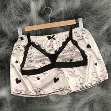Love Secret Kedi Desenli Saten Bralet Şort Pijama Takımı