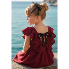 Parla Kids Kız Çocuk Bordo Cherry Fiyonklu Fırfırlı Keten Elbise Toka Takım