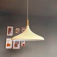 Bamyum 45 cm Çaplı Xl Dokulu Açık Krem Ahşap Başlık Avize Tekli Sarkıt Restoran Salon Mutfak Avizeleri