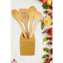 Montesev Doğal Diş Budak Ağacı Standlı Ahşap Tahta Kaşık Seti Yemek Servis Kaşık Seti Ahşap Kaşıklık 5 Parça