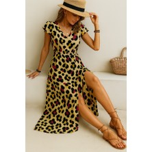 Bosel Kadın Kısa Kollu V Yakalı Desenli Yandan Yırtmaçlı Süprem Elbise