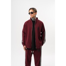 Respire Erkek Şerit Detaylı Dik Yaka Doubleface Zip Oversize Sweatshirt Bordo