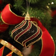 Ritzz Altın Şeritli Spiral Payetli Siyah-Bordo Damla Çam Ağacı Süsü 10 cm