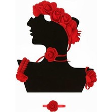 Bodrum Asel Gül Temalı Takı Seti: Kırmızı Güllü Kolye, Bileklik ve Taç Aksesuar Seti