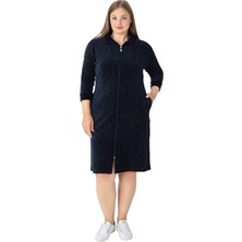 Intensive Collection Kadın Büyük Beden Lacivert Çizgi Desenli Pamuklu Kadife Cepli Fermuarlı Truvakar Kollu Elbise