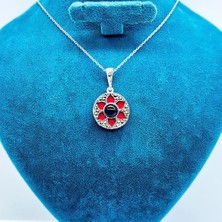 Tesbih Pasajı Oltu Taşı ve Kırmızı Mine Işçilikli 925 Ayar Gümüş Kolye