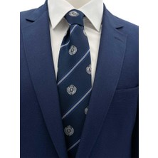Brianze 8 cm Lacivert Mavi Çizgili Arma Desenli Kravat