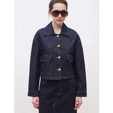 LC Waikiki Soulife Lacivert Gömlek Yaka Kadın Jean Ceket