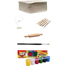 Seramik Hamuru 1 kg Kil Kesme Teli Merdane Ebeşuarlı Funny Kids 15 ml 6lı Akrilik Set