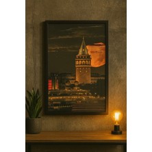 Galata Kulesi & Dolunay Manzarası Gece Istanbul Tablosu (Çerçeveli)