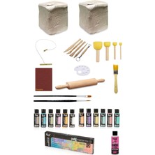 Seramik Hamuru 6x2 kg Kil Kesme Teli Ebeşuarlırich 60CCAKRILIK 12LI Pastelvernik,ahşap.merdane Set