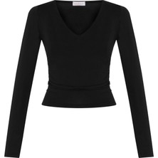 Aquella V Yaka Yanı Büzgülü Siyah Bluz