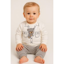 Dinamik çocuk Erkek Bebek Ceket Görünümlü Ayıcık Desenli Mevsimlik 2iplik Alt Üst 2li Takım 6-9-12-18aylık