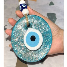 Alzfide Global El Yapımı Hediyelik Açık Mavi Cam Nazar Boncuğu, Çok Simli, Ipli, 11 cm Duvar Süsü