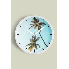 Palmiye Ağacı Modern Duvar Saati - 30CM - Önü Camlı Beyaz Kasa - Sessiz Mekanizma