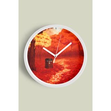 Sonbahar Mevsimi Doğa Manzarası Modern Duvar Saati - 30CM - Önü Camlı Beyaz Kasa - Sessiz Mekanizma