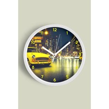 Klasik Araba ve Gece Şehir Modern Duvar Saati - 30CM - Önü Camlı Beyaz Kasa - Sessiz Mekanizma