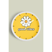 Modern Yazılı Papatya Tasarım - '' Good Vibes '' Duvar Saati - 30CM - Önü Camlı Beyaz Kasa