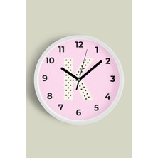 K Harfi Kız Odası Duvar Saati - 30CM - Önü Camlı Beyaz Kasa - Sessiz Mekanizma