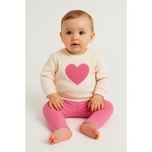 Dinamik çocuk Kız Bebek Kalp Desenli Kol Detaylı 2li Alt-Üst Sweat ve Eşofman Takımı 3-6-9-12AY