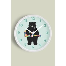 Gitar Çalan Ayı Çocuk Odası Duvar Saati - 30CM - Önü Camlı Beyaz Kasa - Sessiz Mekanizma