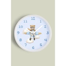 Helikopter Süren Ayı Çocuk Odası Duvar Saati - 30CM - Önü Camlı Beyaz Kasa - Sessiz Mekanizma