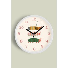 Üç Sevimli Tırtıl Çocuk Odası Duvar Saati - 30CM - Önü Camlı Beyaz Kasa - Sessiz Mekanizma