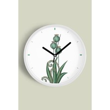 Yeşil Bitki Desenli Modern Dekoratif Duvar Saati - 30CM - Önü Camlı Beyaz Kasa - Sessiz Mekanizma