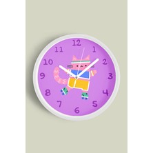 Paten Kayan Sevimli Kedi Çocuk Odası Duvar Saati - 30CM - Önü Camlı Beyaz Kasa - Sessiz Mekanizma
