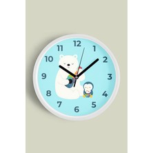 Sevimli Ayı ile Penguen Çocuk Odası Modern Duvar Saati - 30CM - Önü Camlı Beyaz Kasa