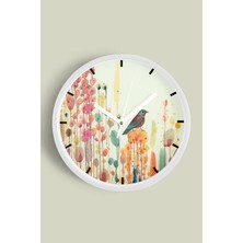 Soyut Doğa - Kuş Manzara Temalı Modern Duvar Saati - 30CM - Önü Camlı Beyaz Kasa - Sessiz Mekanizma