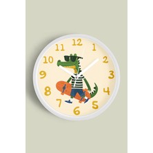 Kaykay Yapan Sevimli Timsah Çocuk Odası Modern Duvar Saati - 30CM - Önü Camlı Beyaz Kasa