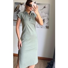 Daves Polo Yaka  Esnek Yırtmaçlı Midi Elbise-Haki