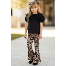 Parla Kids Kız Çocuk Bright Dantelli Kısa Kollu Siyah Bluz İspanyol Tayt Pantolon Toka Alt Üst Takım
