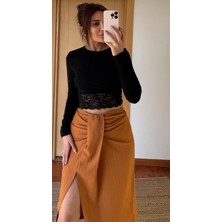 Daves Önden Yırtmaçlı Kalem Etek Taba