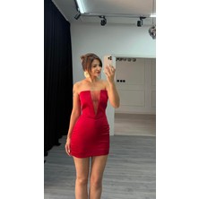Daves Straplez Mini Düz Kırmızı Elbise