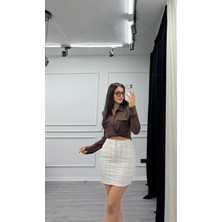 Daves Gri Önden Düğmeli Kareli Kısa Etek