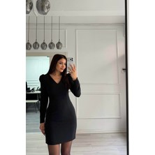 Daves Siyah V Yaka Balon Kol Kısa Boy Dokuma Elbise