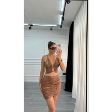 Daves Yüksek Bel Drapeli Deri Kısa Etek-Kahve